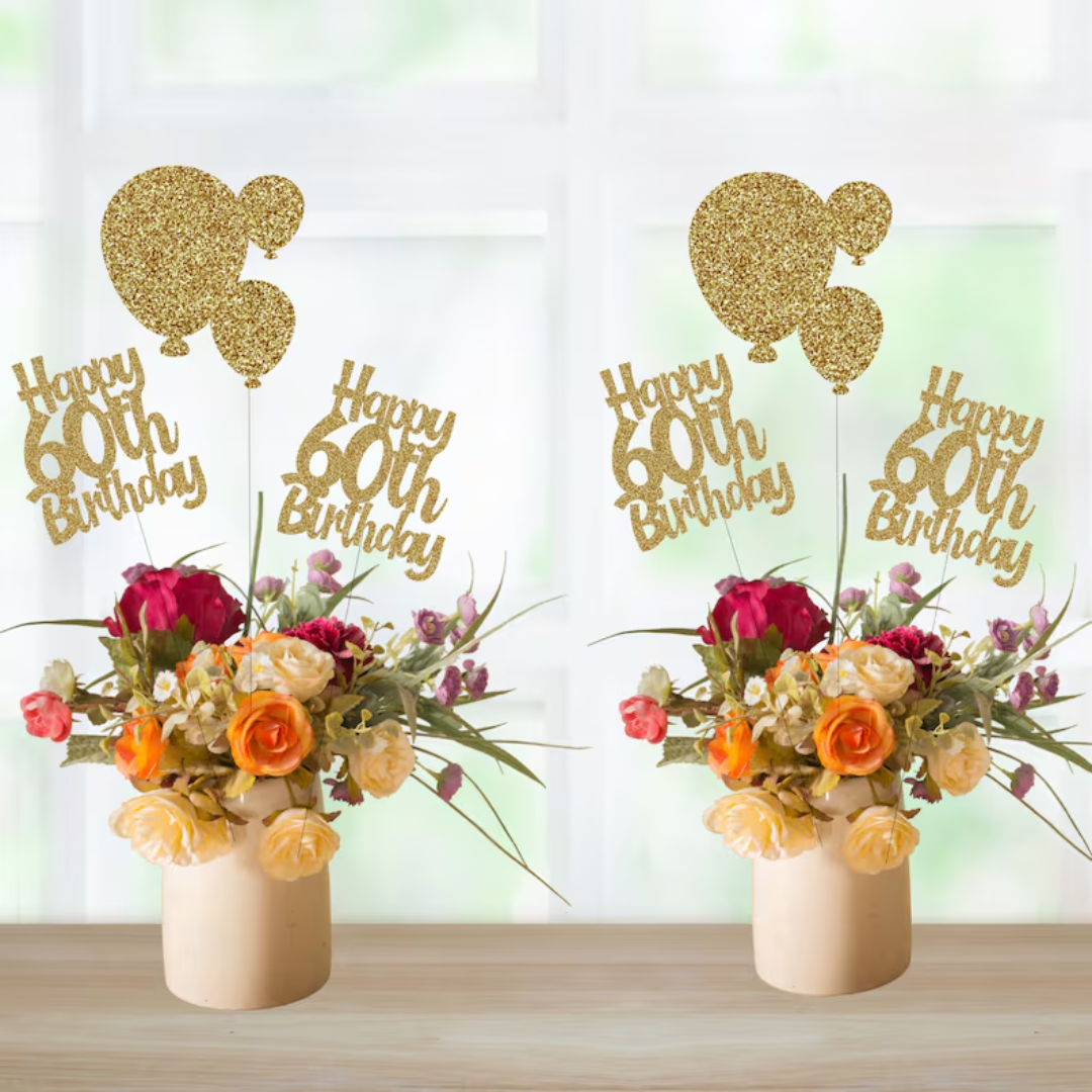 Happy 60th Birthday Floral Centerpiece with Glitter Balloon Toppers