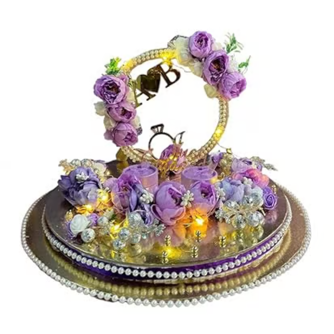 Luxury LED Engagement Ring Platter – Purple Floral Ceremony Tray | Customized Wedding Decor